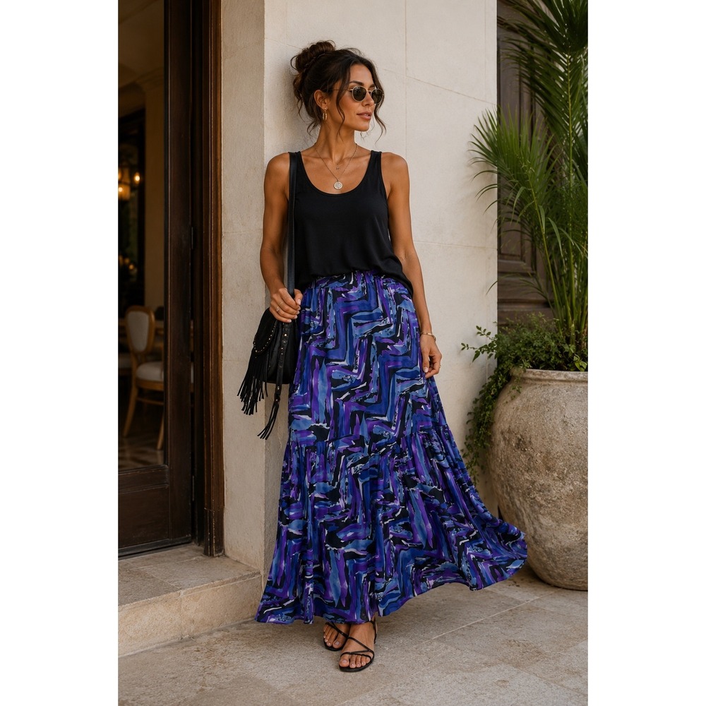 NWT Fashion Bug Abstract Purple Blue Tiered Maxi Skirt Large Art To Wear